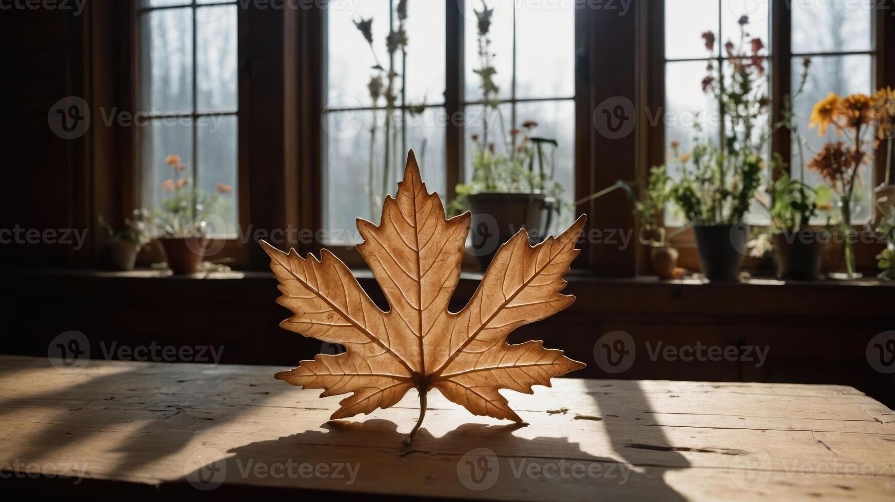 A large, dried maple leaf rests on a wooden table with sunlight filtering through window plants. photo