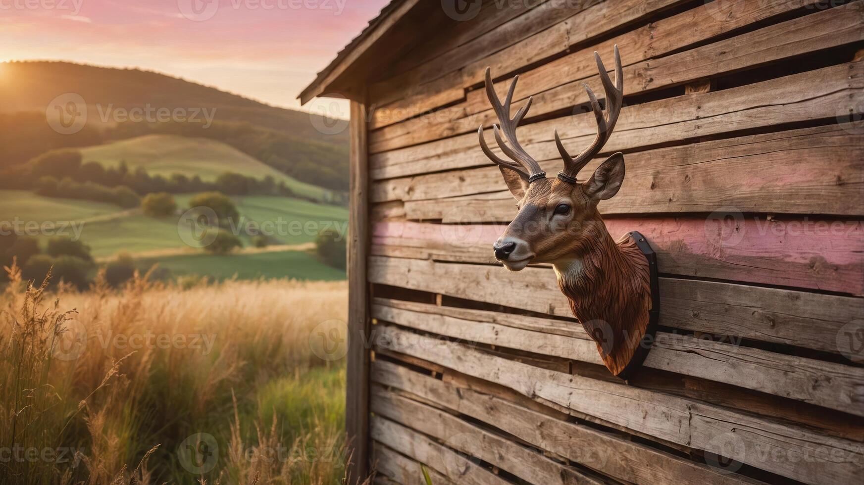 A mounted deer head on a rustic wooden cabin with a scenic landscape at sunset. photo