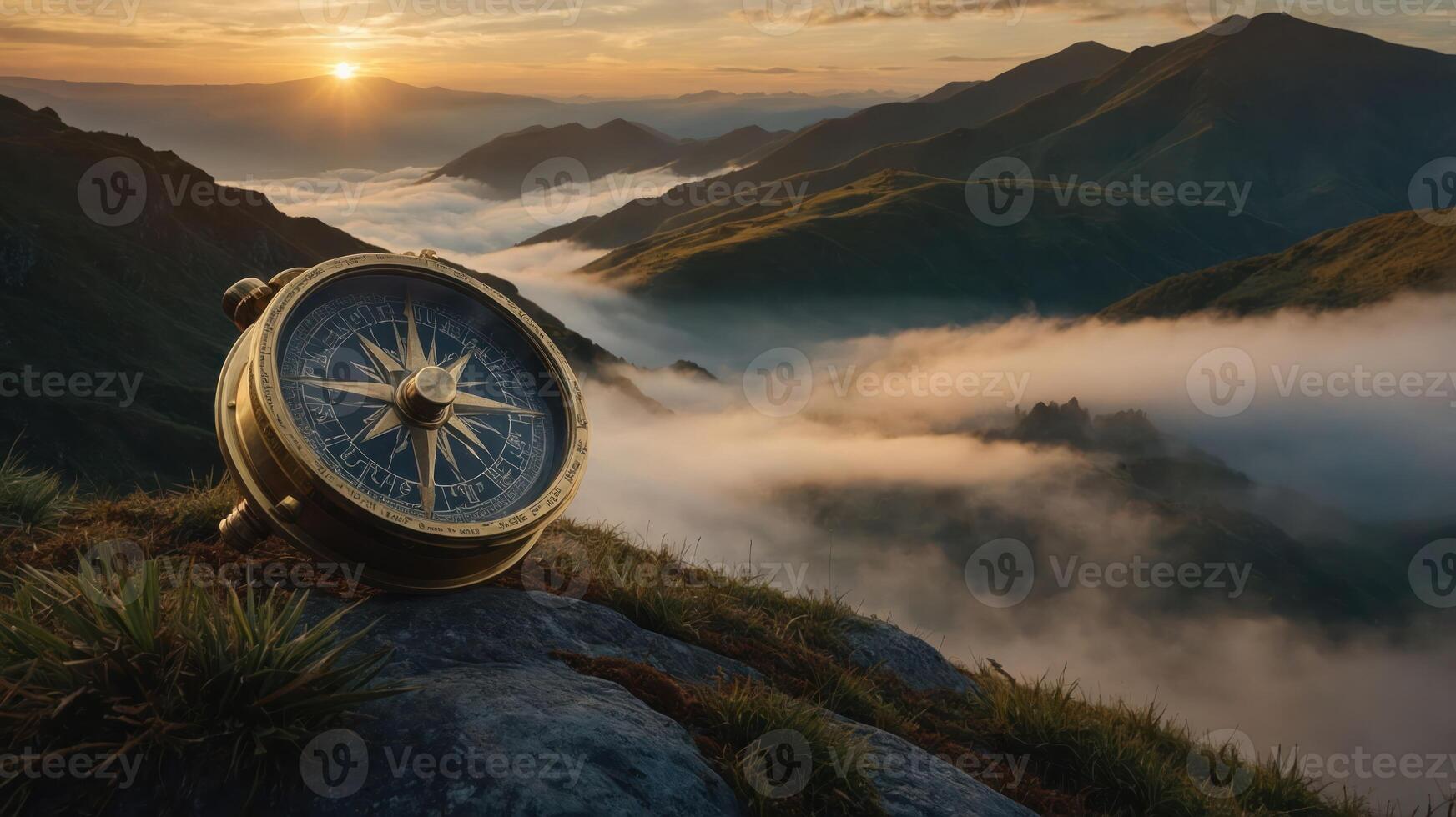 A vintage compass rests on a rocky surface, overlooking a misty mountain landscape at sunrise. photo