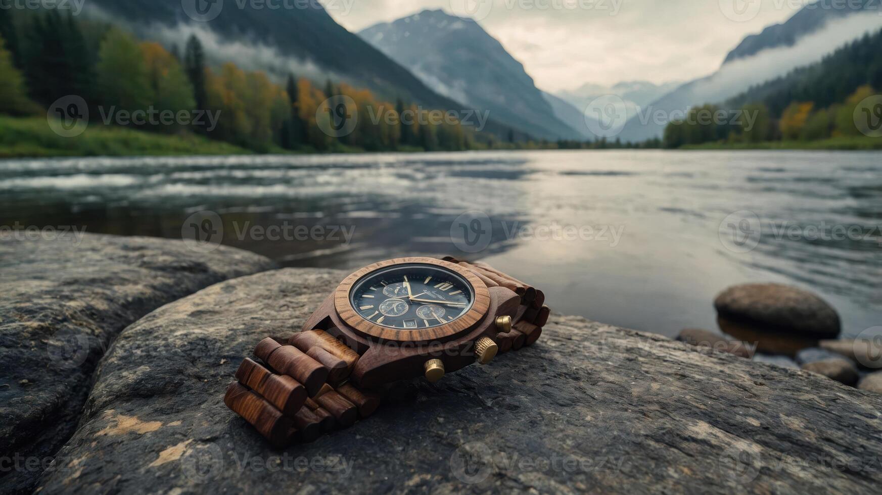 A wooden watch rests on a rock by a serene river, surrounded by mountains and trees. photo