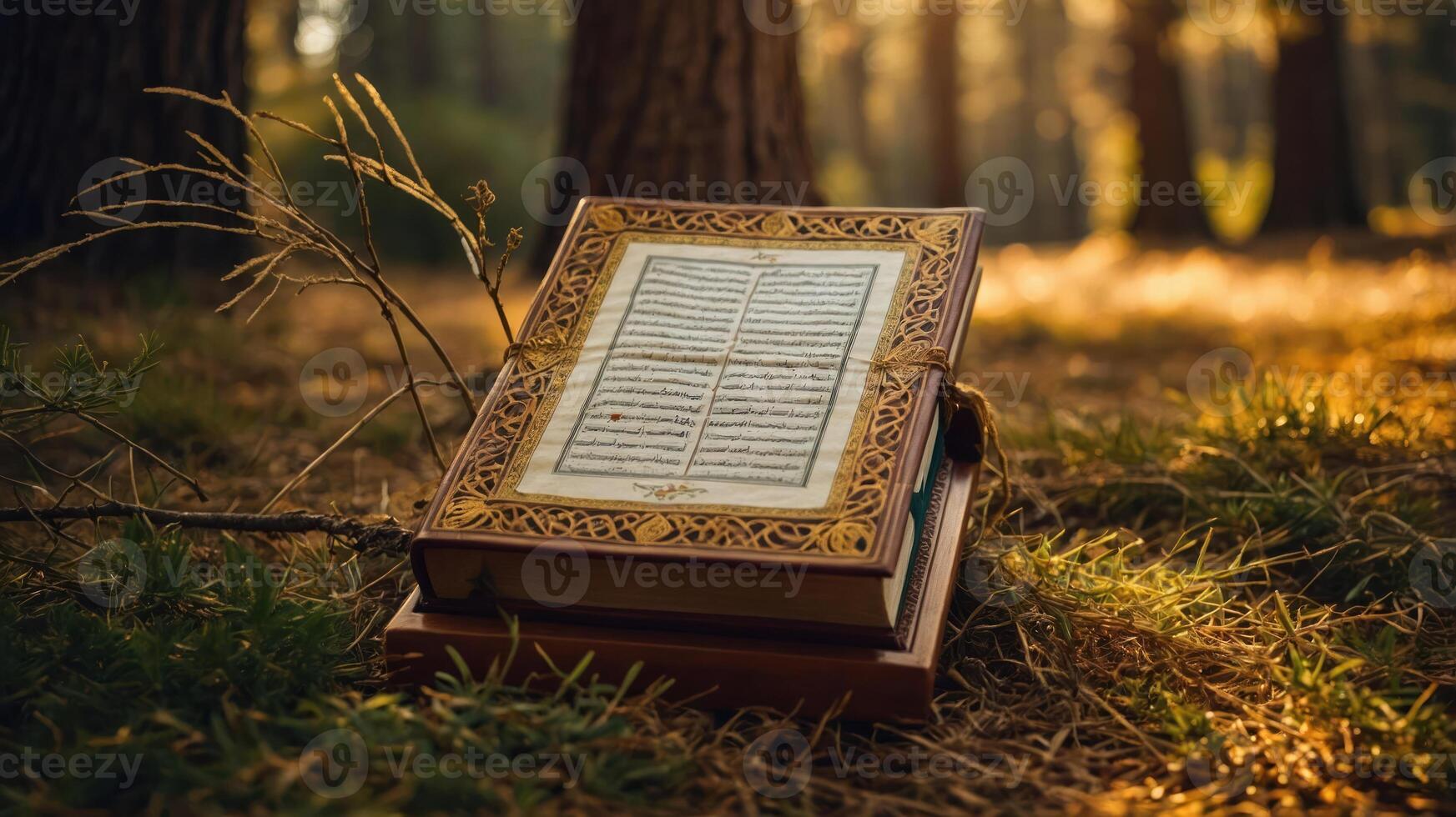A beautifully illuminated book rests on the forest floor, surrounded by nature's tranquility. photo