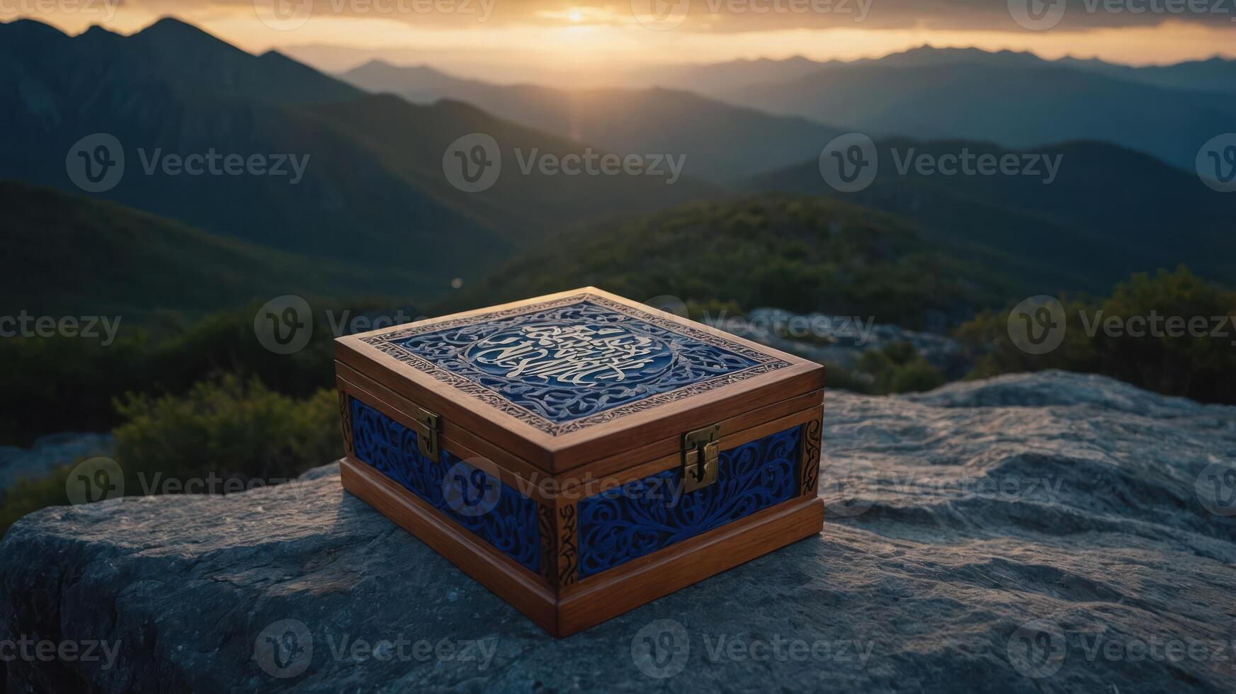 A decorative wooden box rests on a rock with mountains in the background at sunset. photo