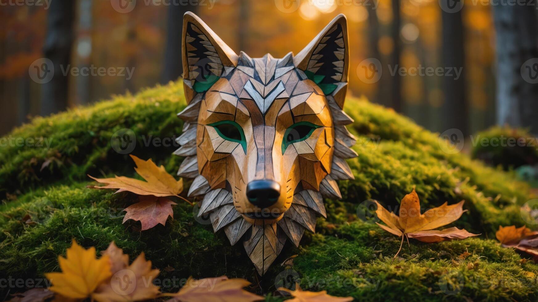 A wooden wolf mask rests on moss, surrounded by autumn leaves in a forest setting. photo