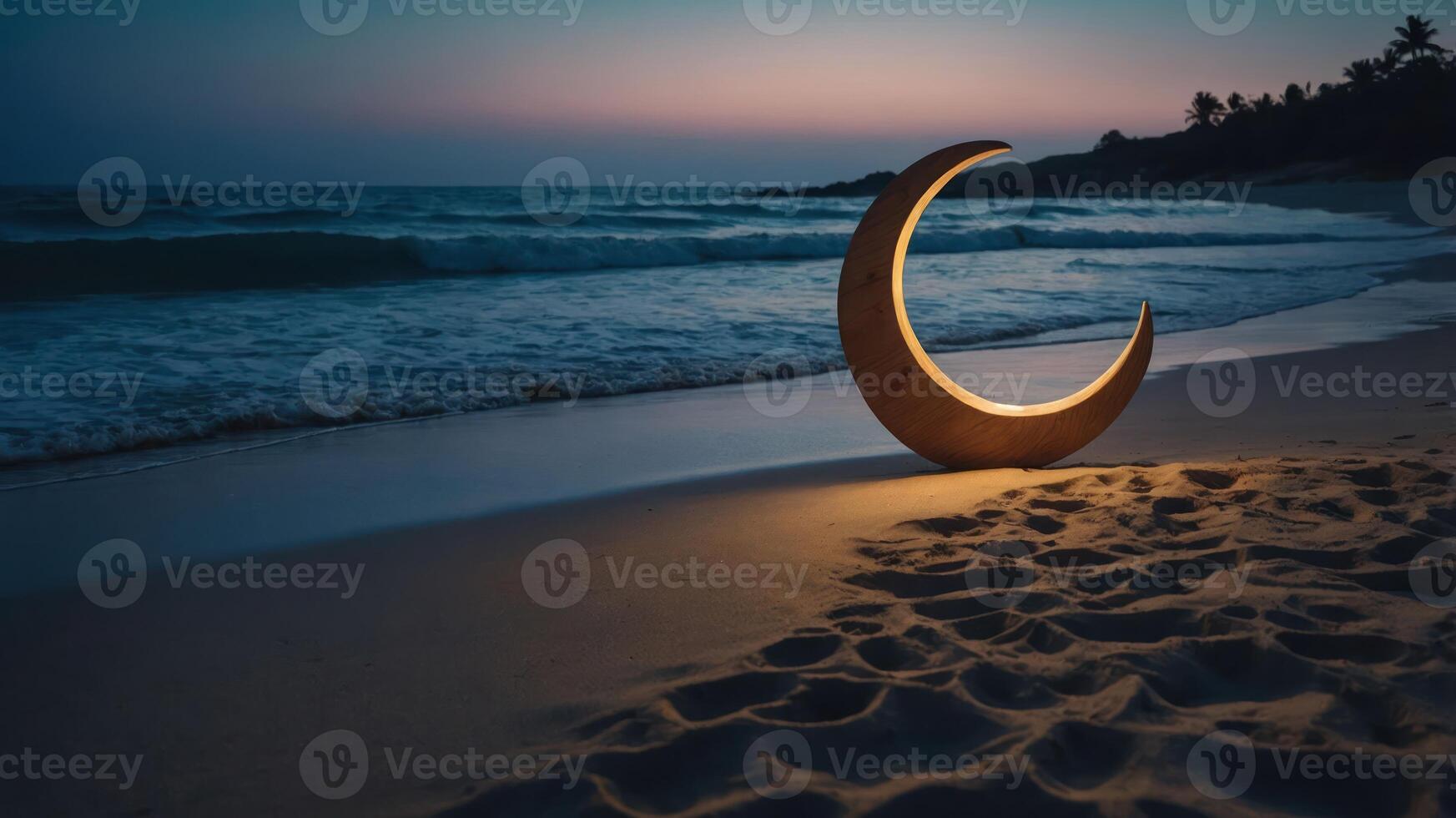 A crescent moon sculpture illuminated on a beach at twilight. photo
