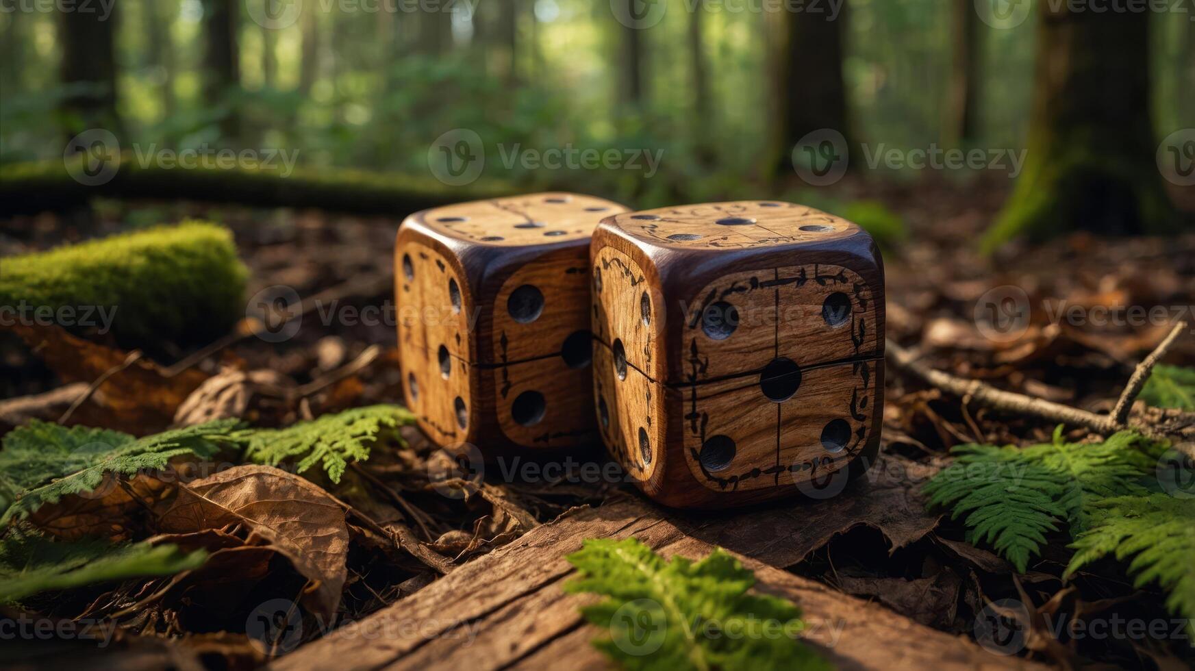 Two wooden dice resting on forest floor amidst moss and leaves. photo