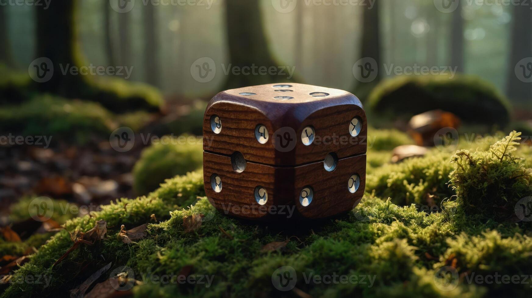 A wooden die sits on moss in a serene forest, blending nature and gaming elements. photo