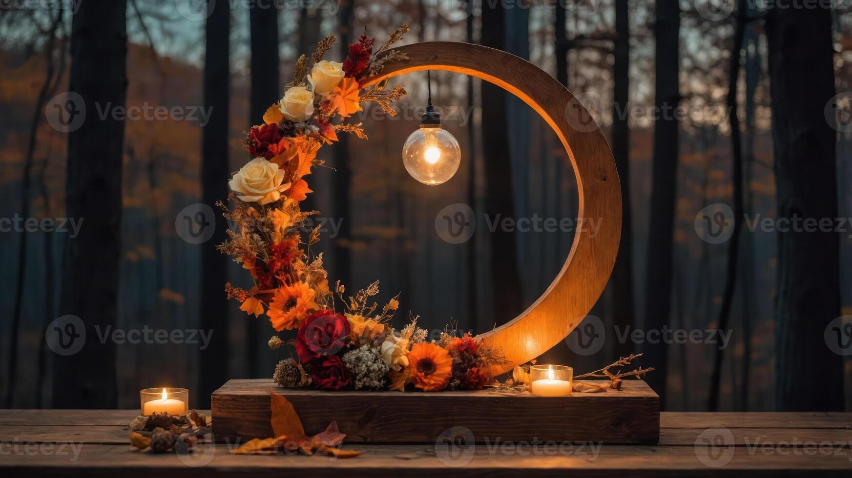 A decorative wooden circle adorned with flowers, a light bulb, and candles in a forest setting. photo