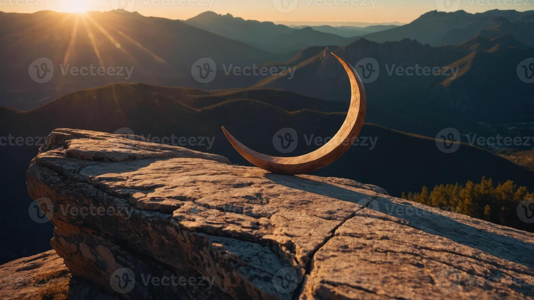 A crescent-shaped sculpture rests on a rocky ledge, framed by a stunning mountainous landscape. photo