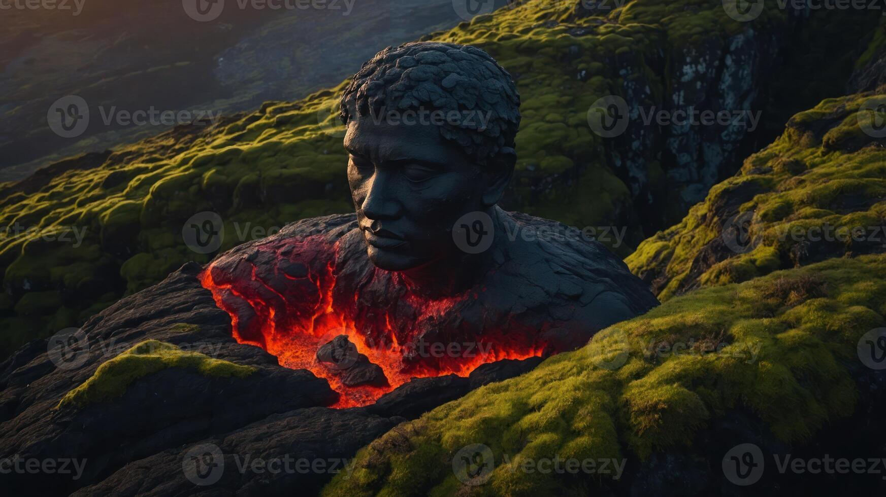 A sculpted head emerges from lava, surrounded by moss-covered rocks at sunset. photo
