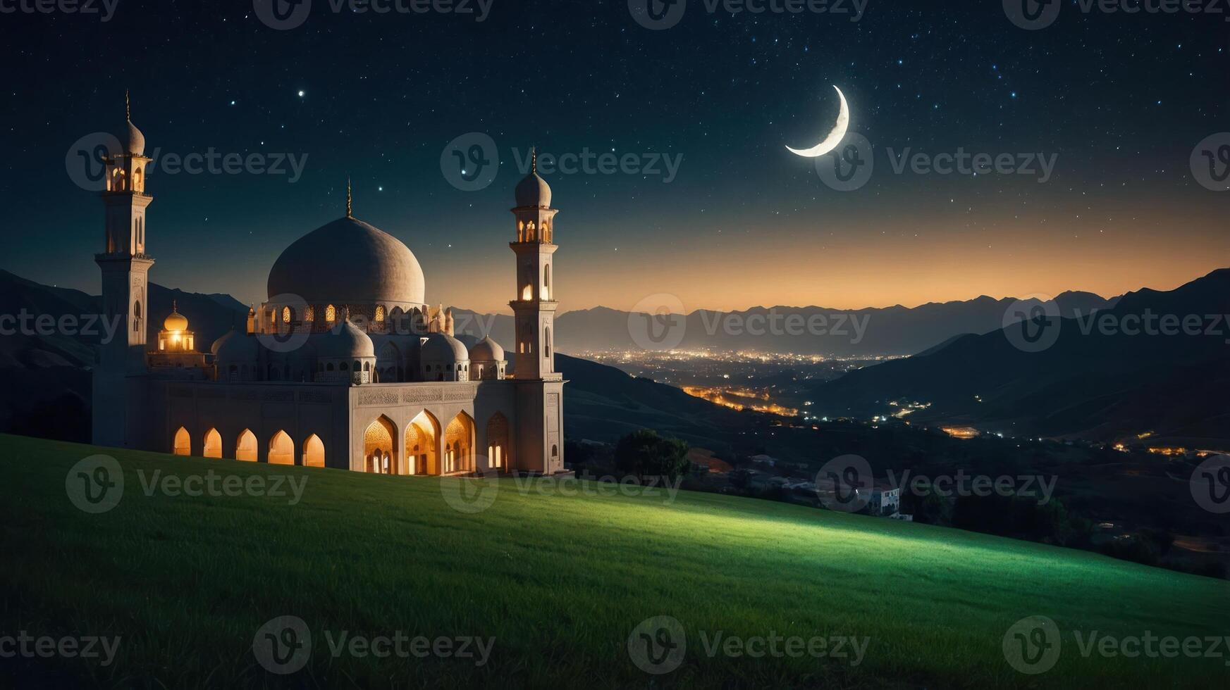 A serene mosque illuminated at night with a crescent moon and a scenic backdrop. photo