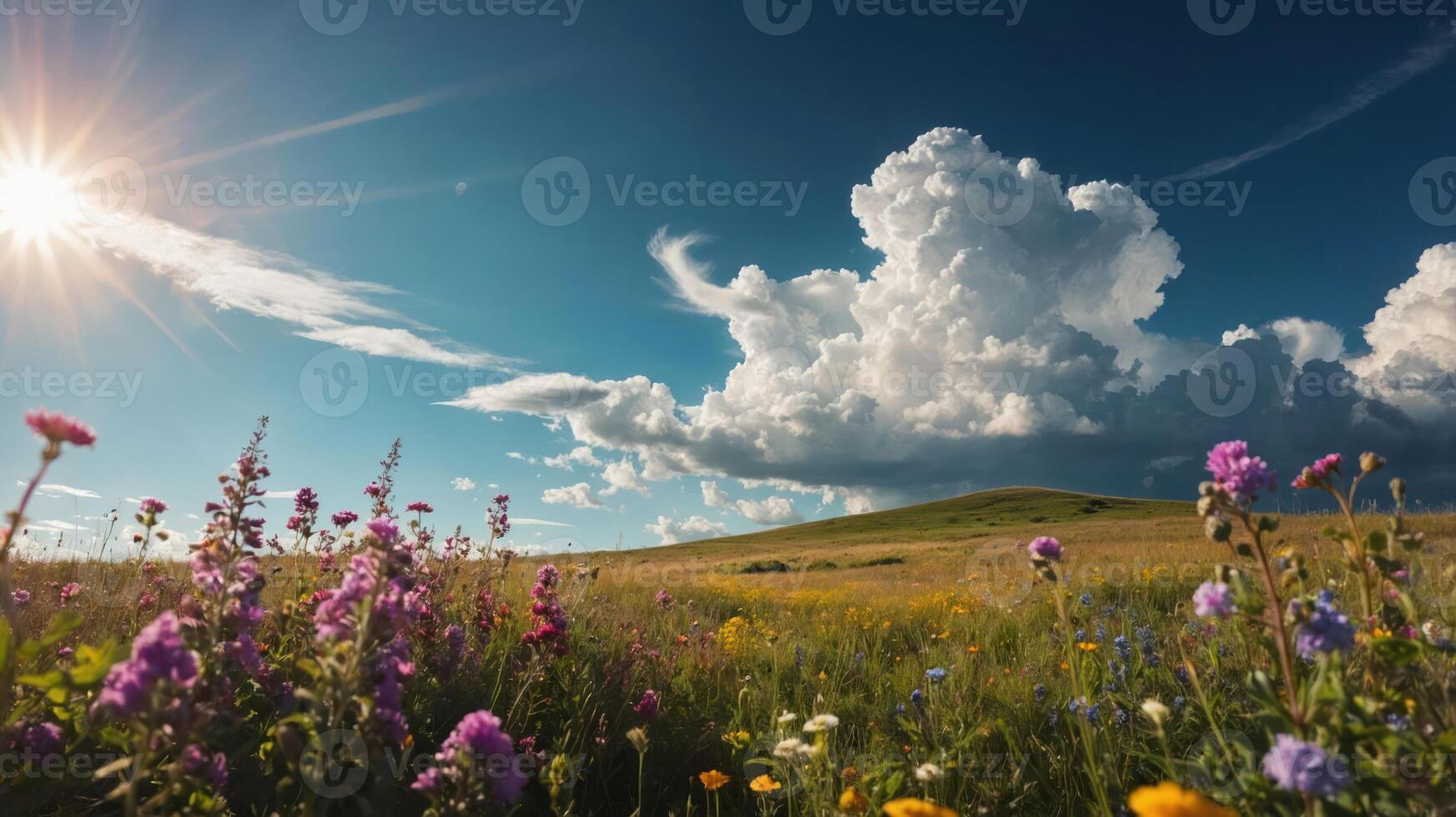 A vibrant landscape with colorful wildflowers under a bright sky and fluffy clouds. photo