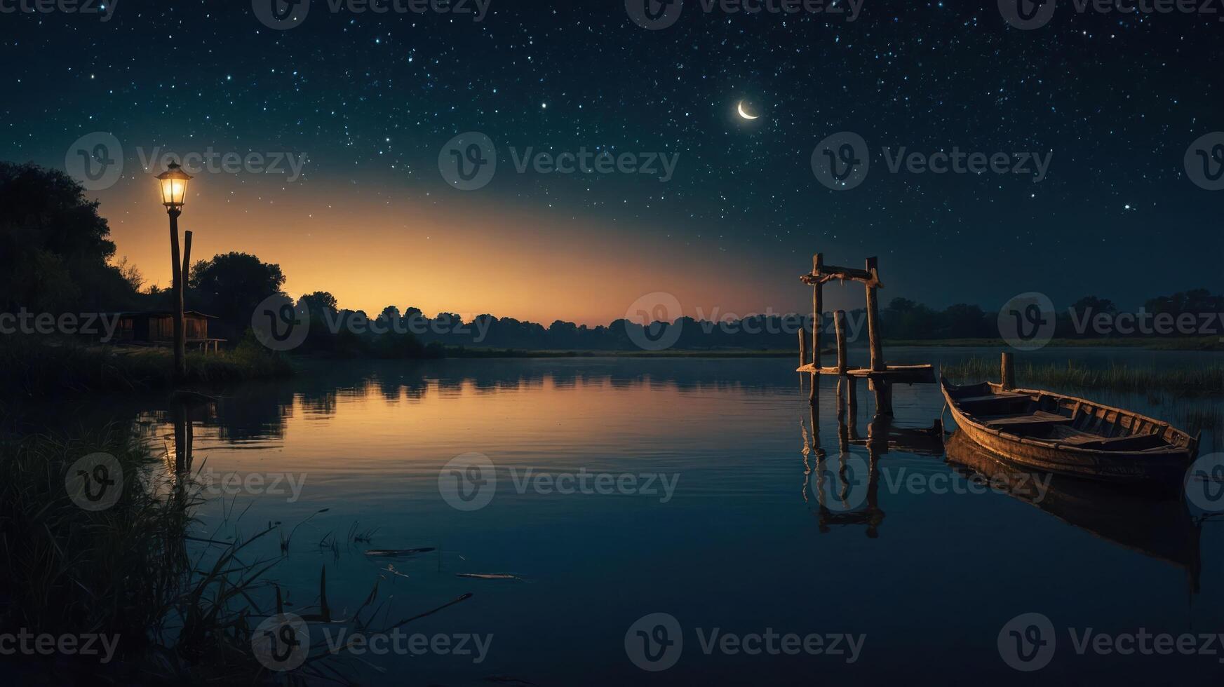 Serene night scene with a boat by a calm river under a starry sky. photo