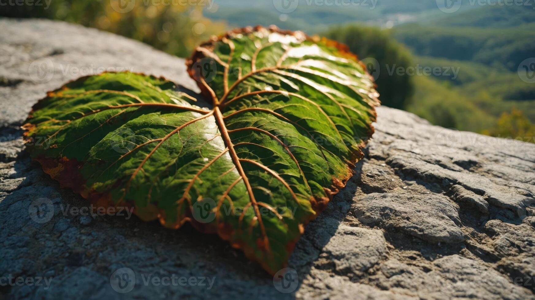 A close-up of a heart-shaped leaf resting on a rock, highlighting nature's beauty. photo