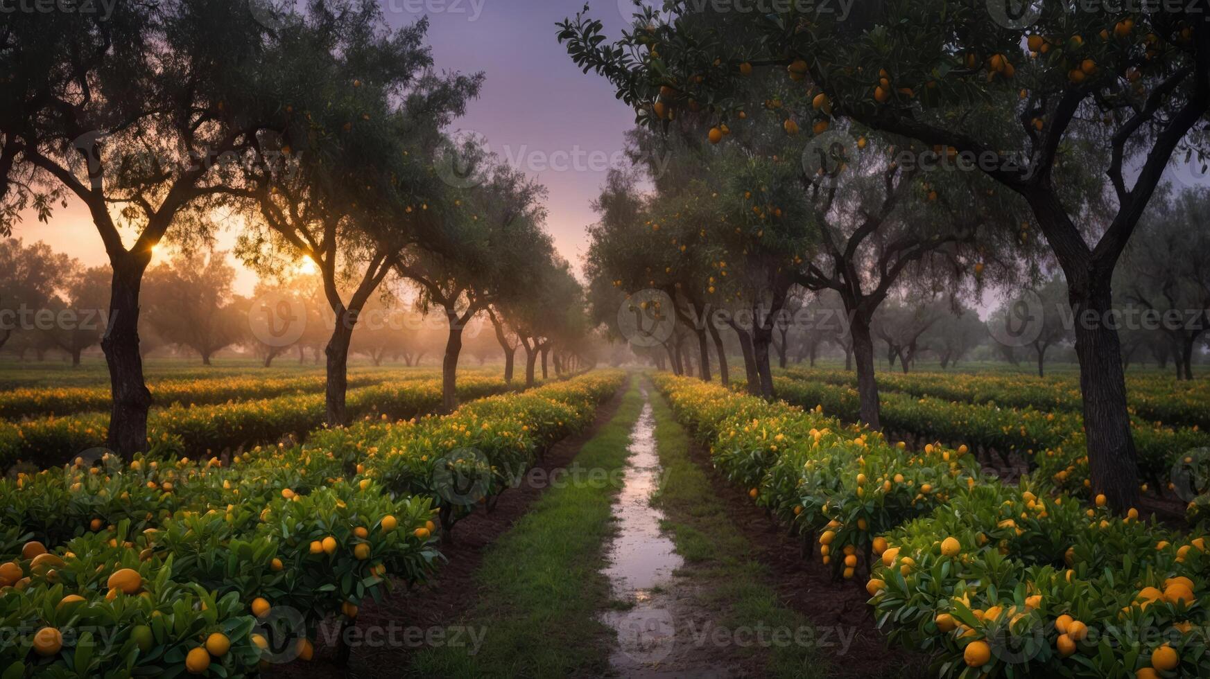 A serene orchard at sunrise, showcasing rows of orange trees and lush greenery. photo