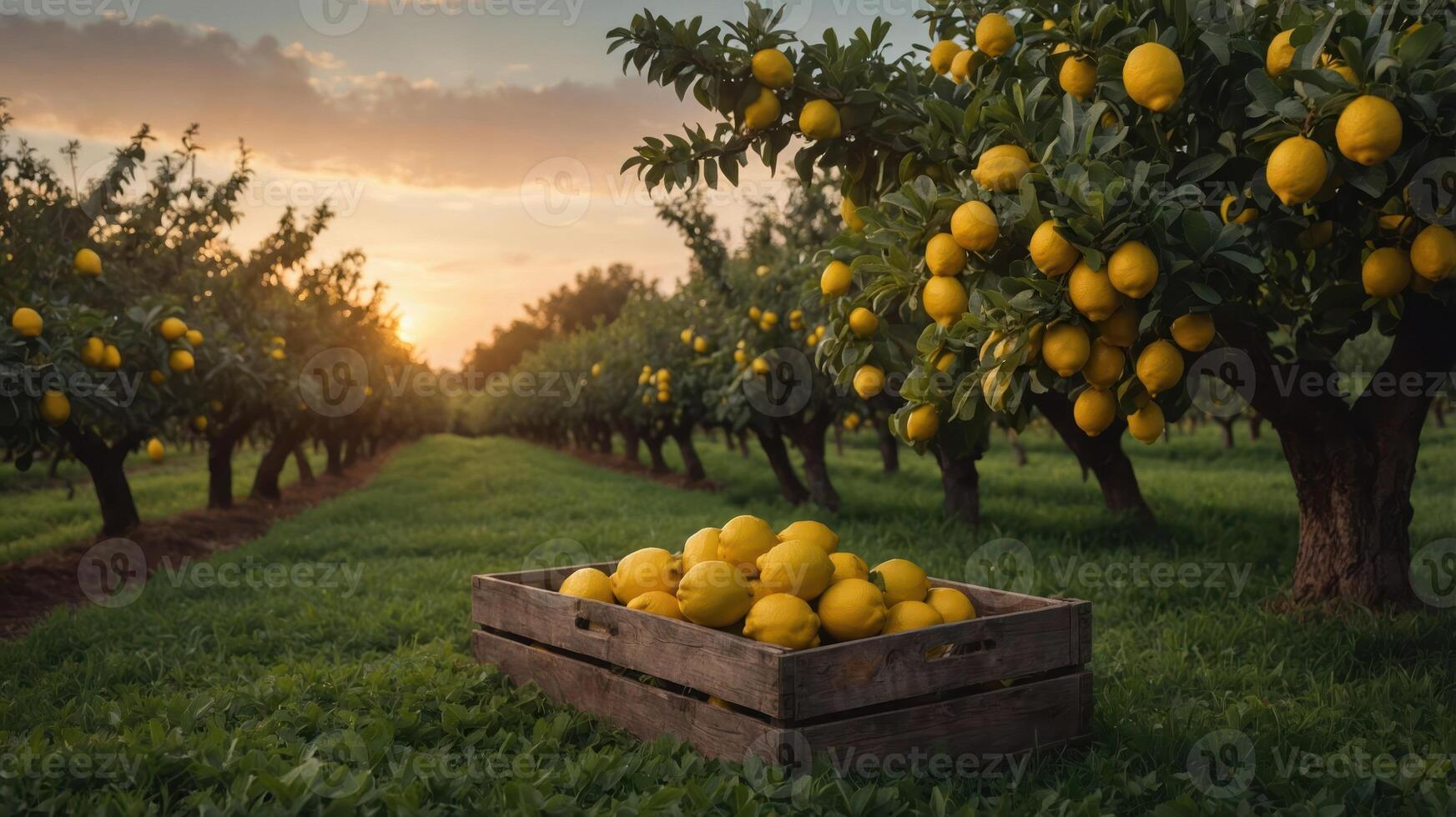 A picturesque lemon orchard at sunset with a crate of freshly picked lemons. photo