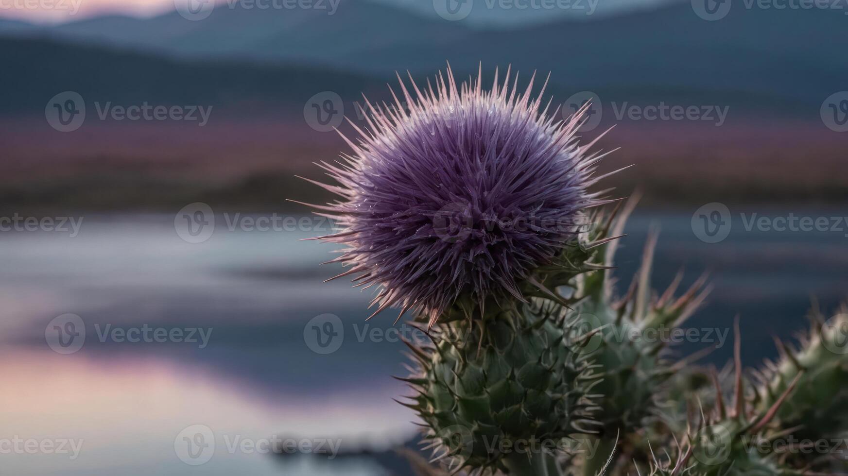 A close-up of a vibrant purple thistle flower against a blurred natural landscape. photo