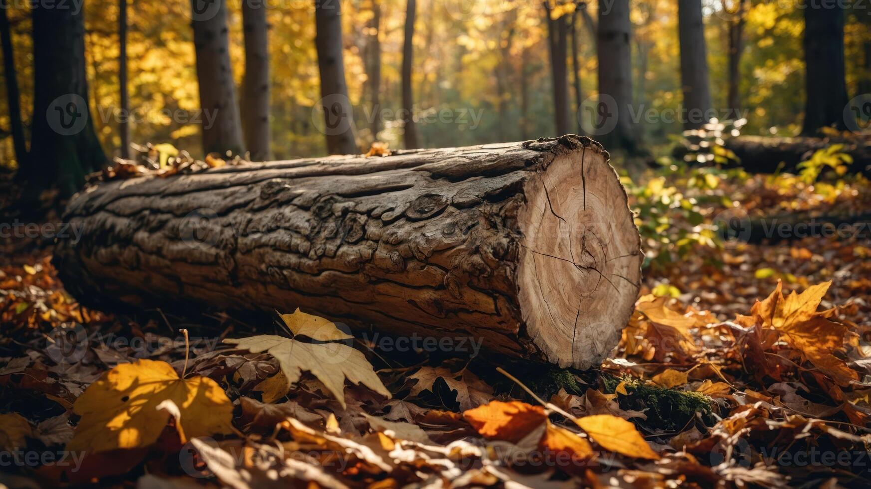 A fallen log surrounded by autumn leaves in a serene forest setting. photo