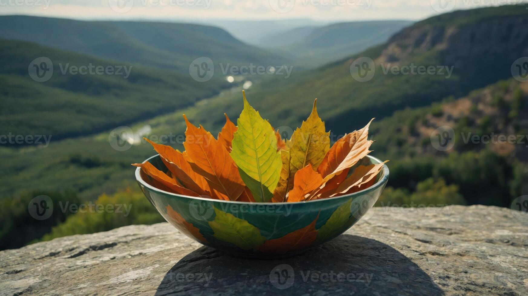 A bowl of colorful autumn leaves placed on a rock overlooking a scenic valley. photo