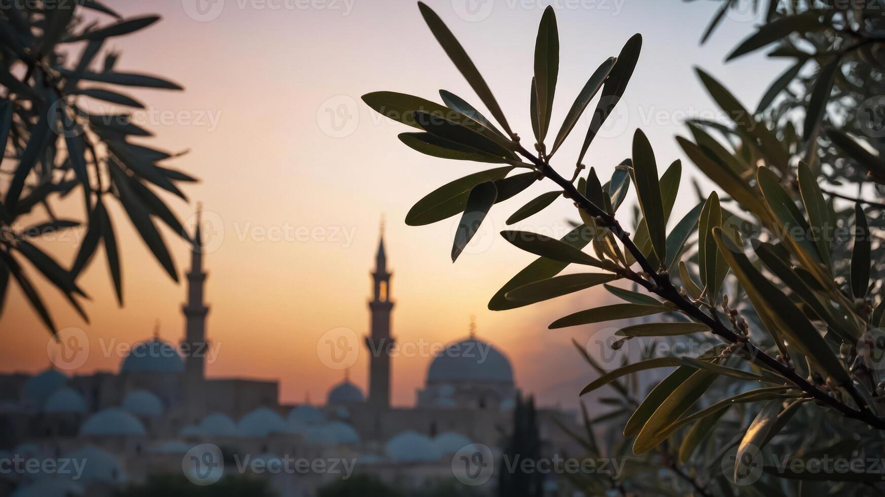 A serene sunset view of a mosque silhouette framed by olive leaves. photo