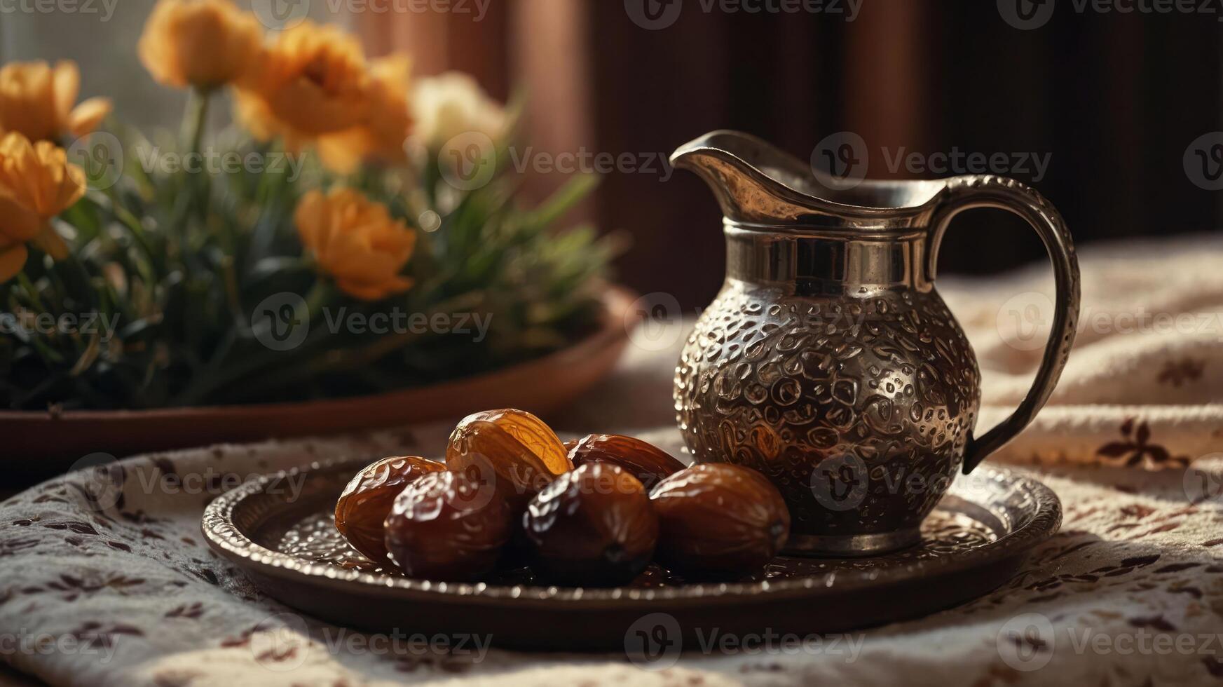 A silver pitcher beside a tray of dates, with flowers in the background, creating a warm ambiance. photo