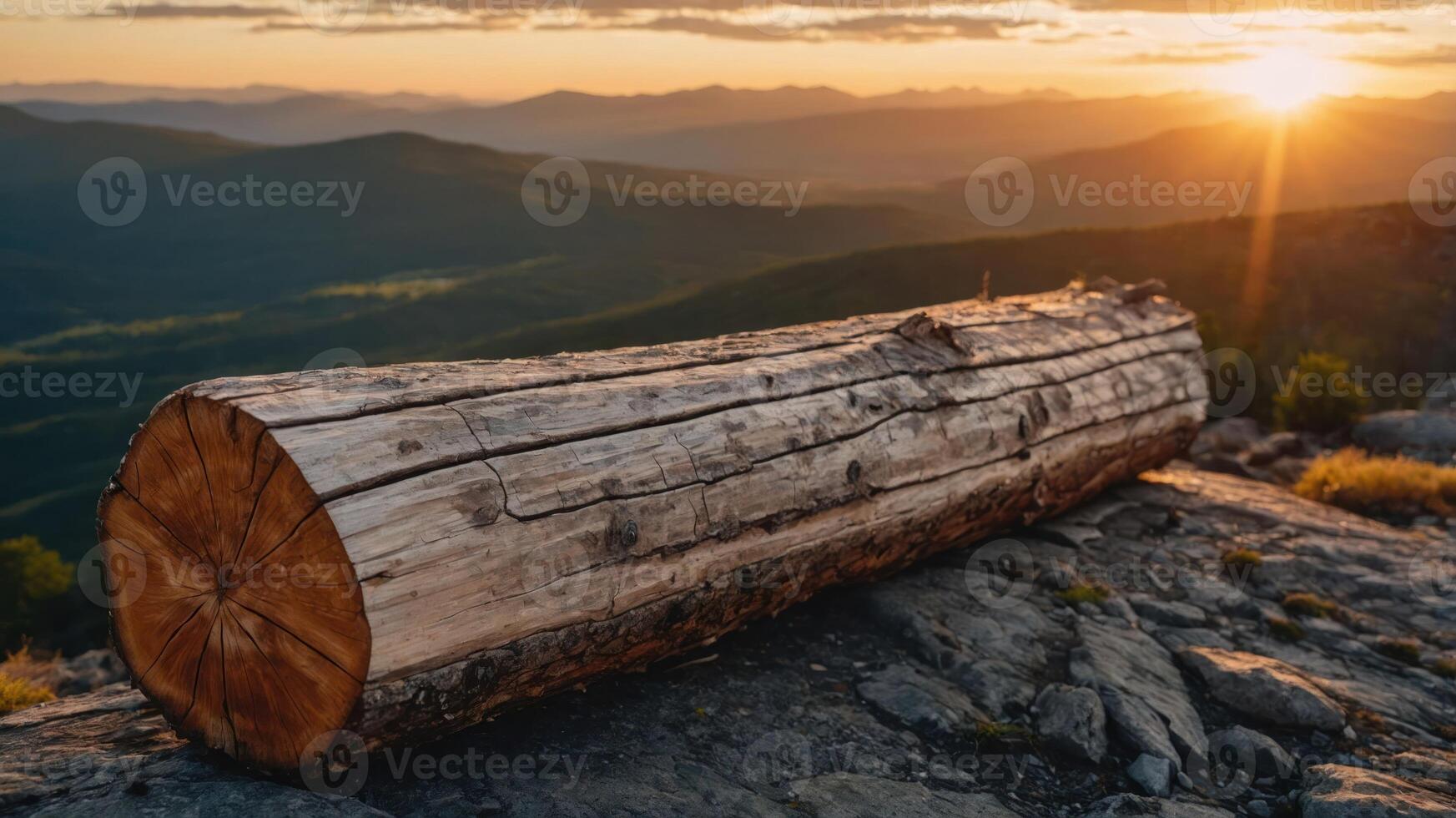 A log resting on rocky terrain with a sunset illuminating the distant mountains. photo