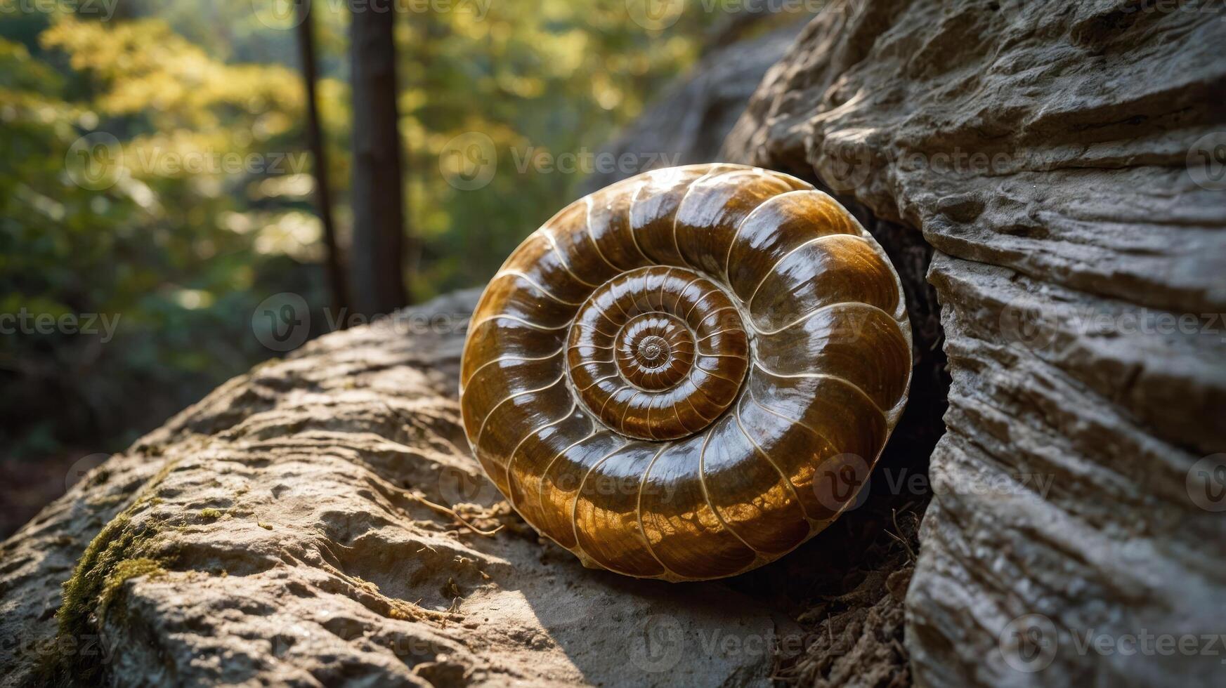 A polished nautilus shell resting on a rocky surface in a serene forest setting. photo