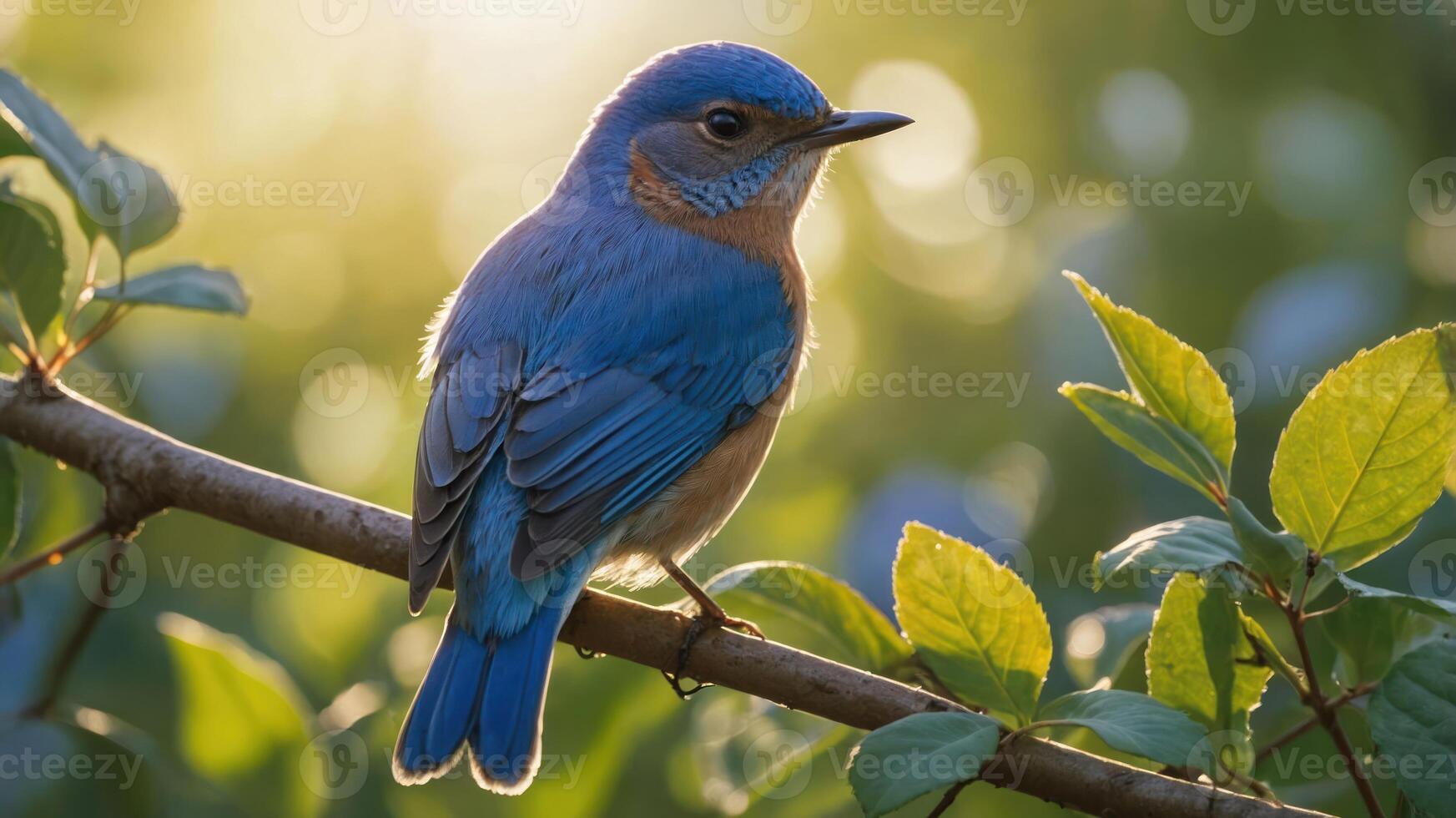 A vibrant bluebird perched on a branch with soft sunlight in the background. photo