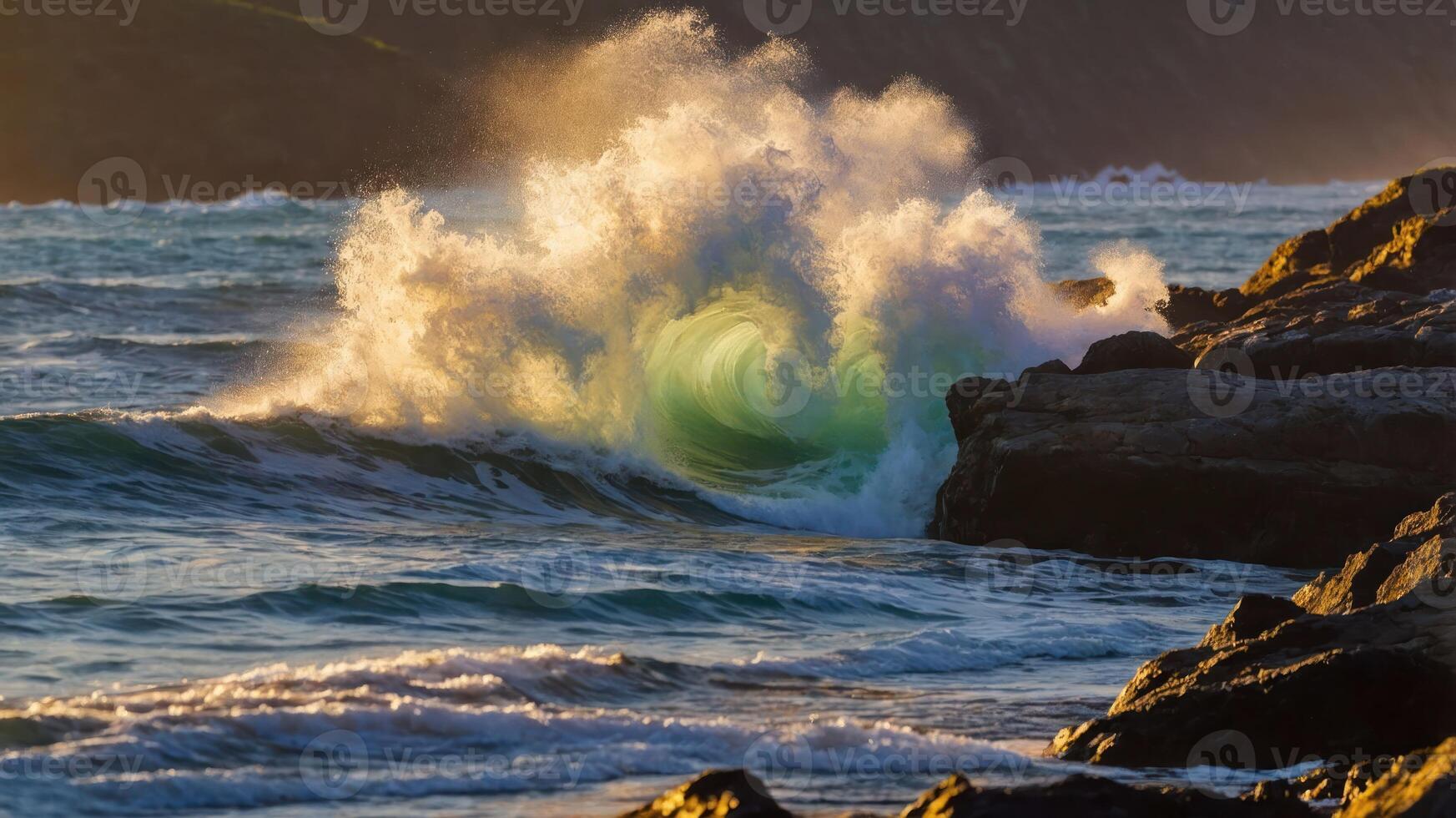 A vibrant wave crashes against rocky shore during sunset, showcasing nature's beauty. photo