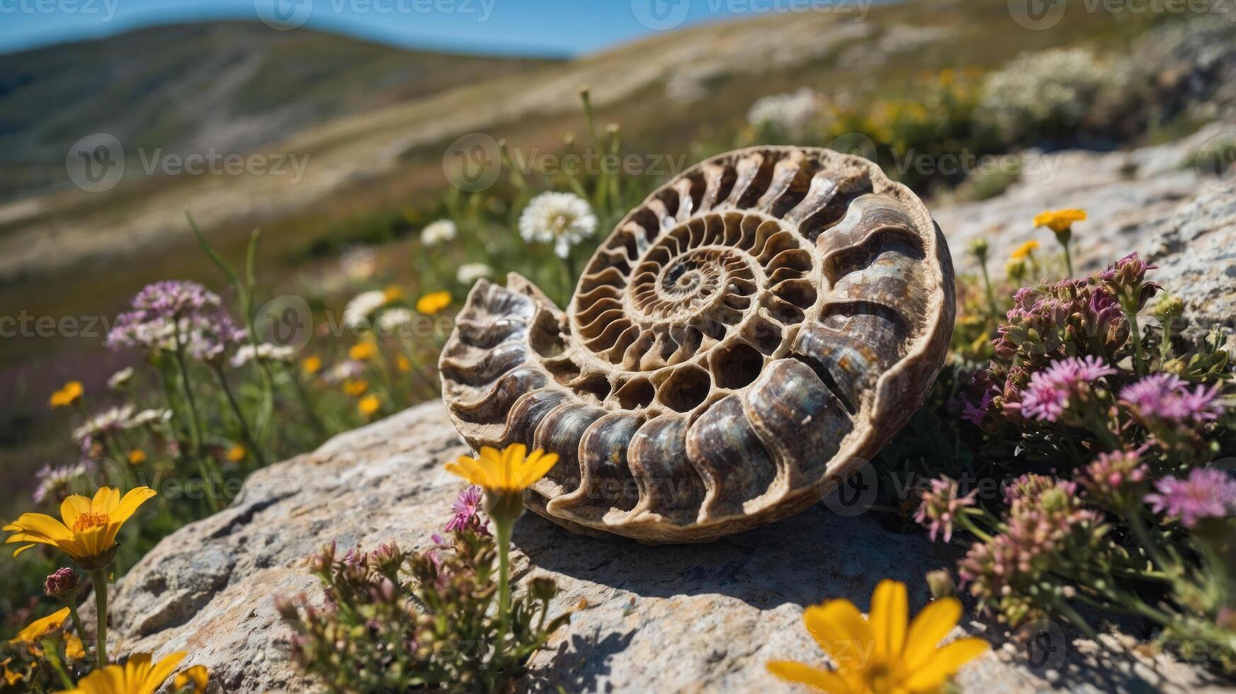 A fossilized ammonite shell rests on a rocky surface surrounded by colorful wildflowers. photo