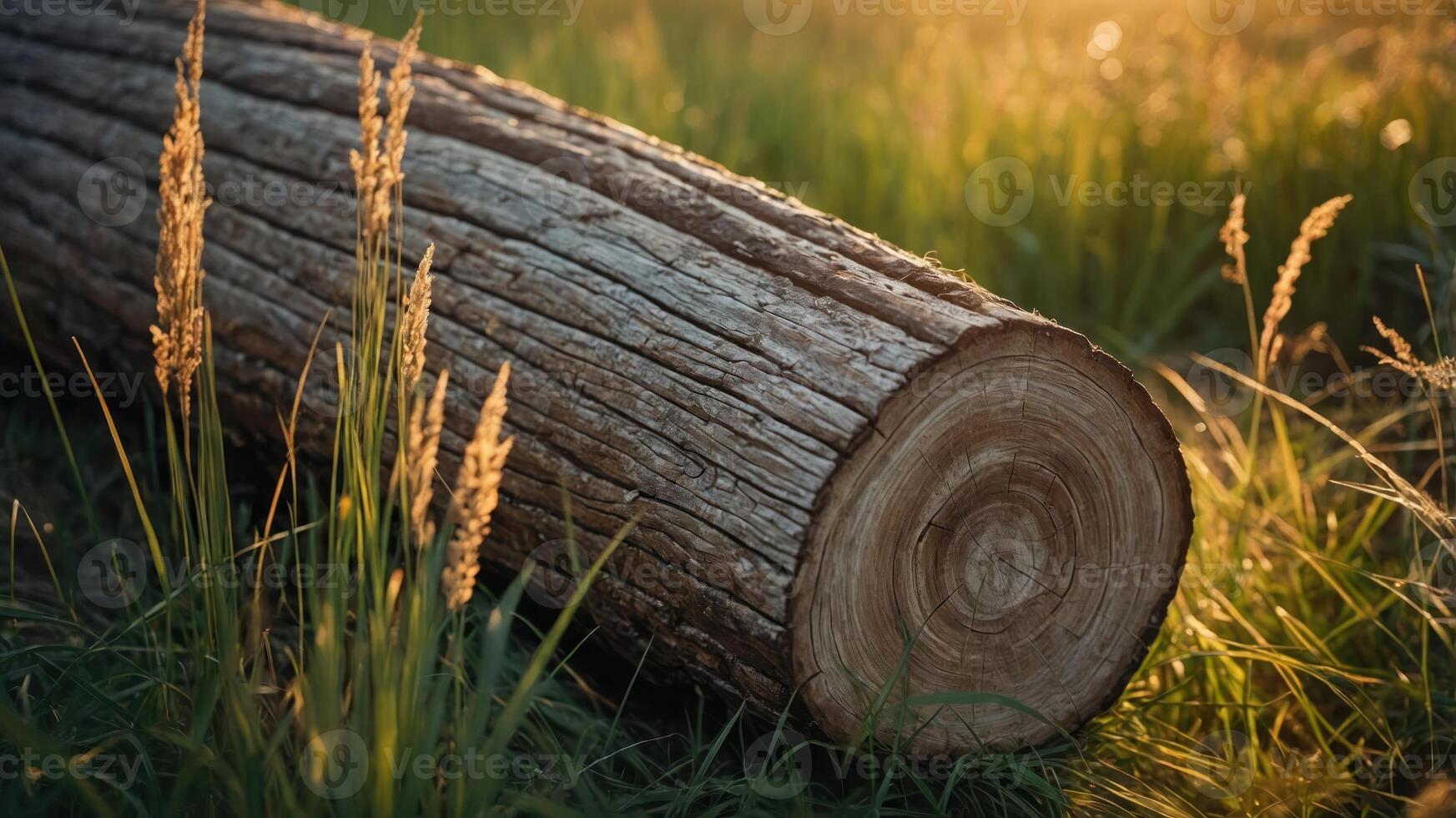 A close-up of a wooden log resting in a grassy field during sunset. photo