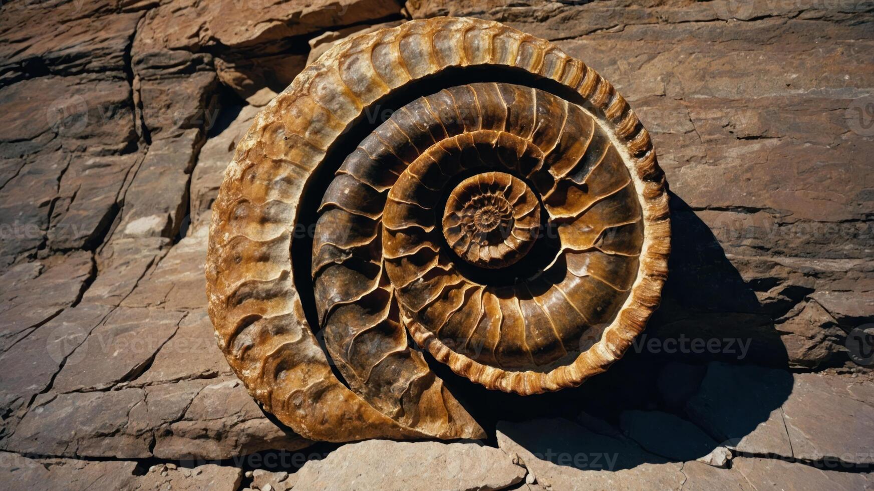 A large fossilized ammonite embedded in rocky terrain. photo