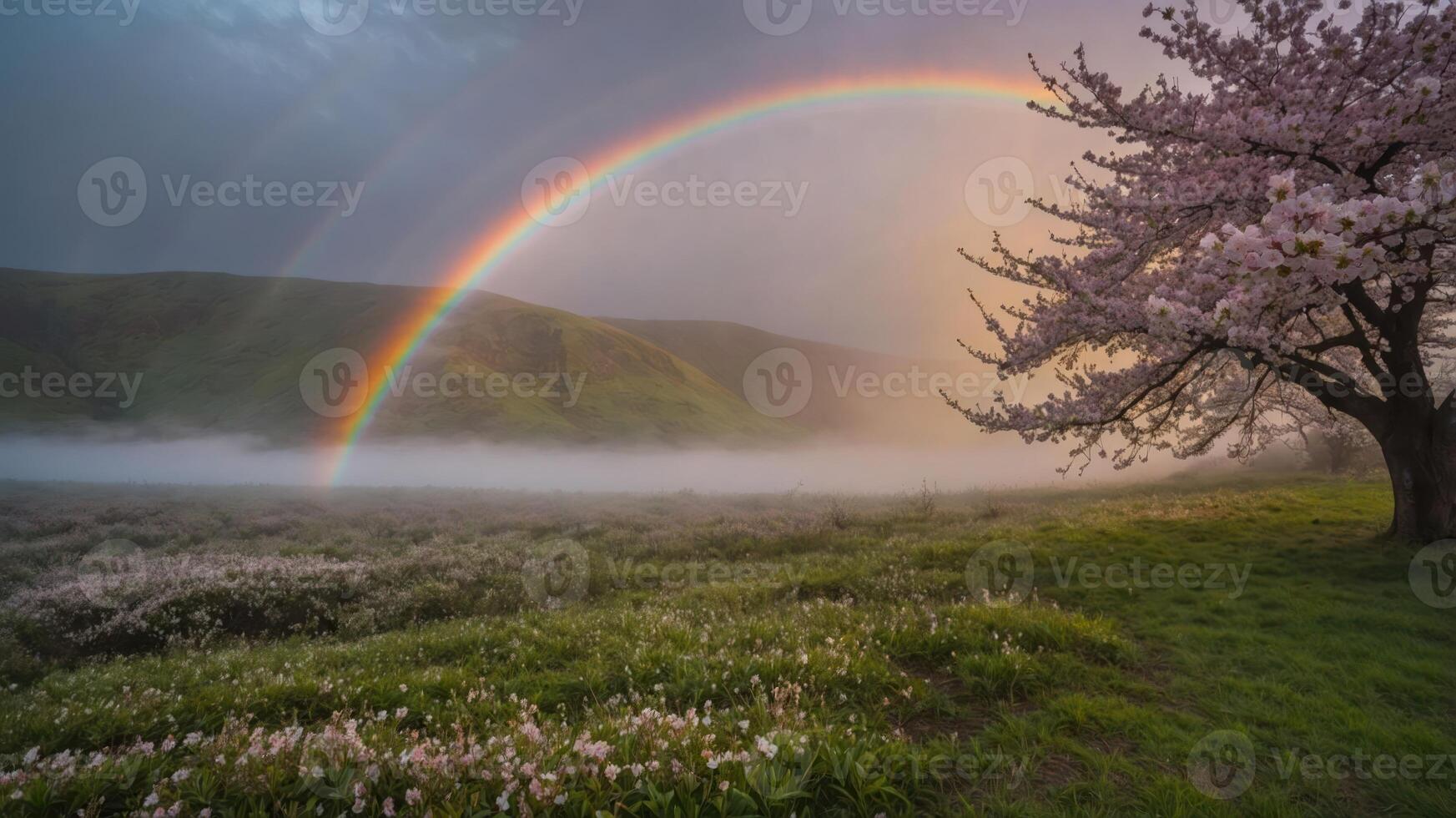 A serene landscape featuring a rainbow over a misty field with cherry blossoms. photo