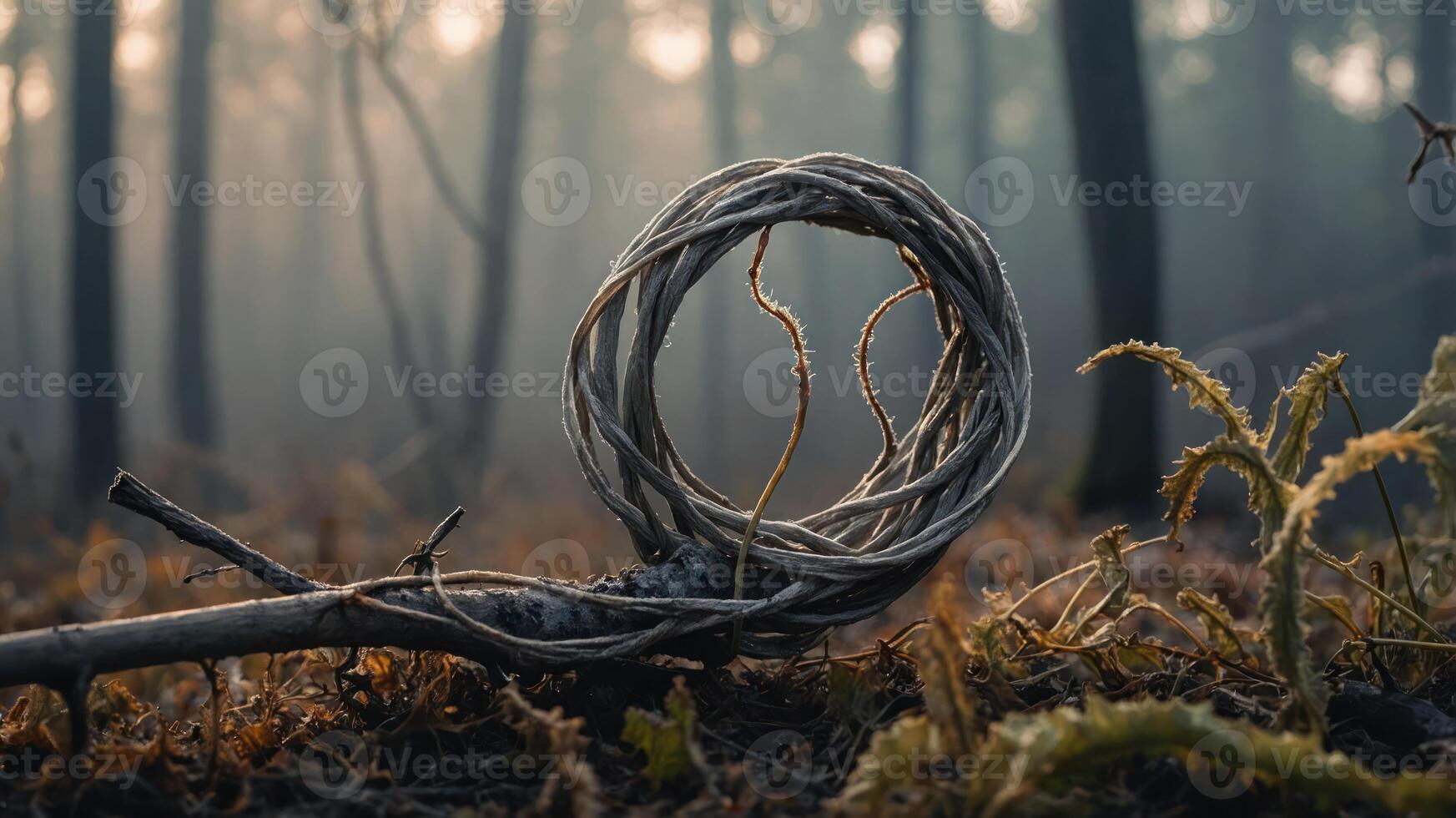 A circular vine resting on the forest floor, surrounded by misty trees and ferns. photo