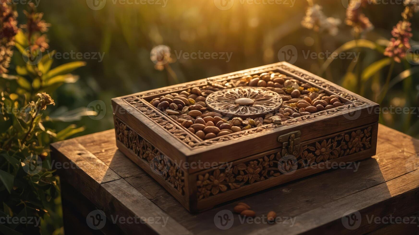 A beautifully carved wooden box filled with nuts, set in a serene outdoor environment. photo