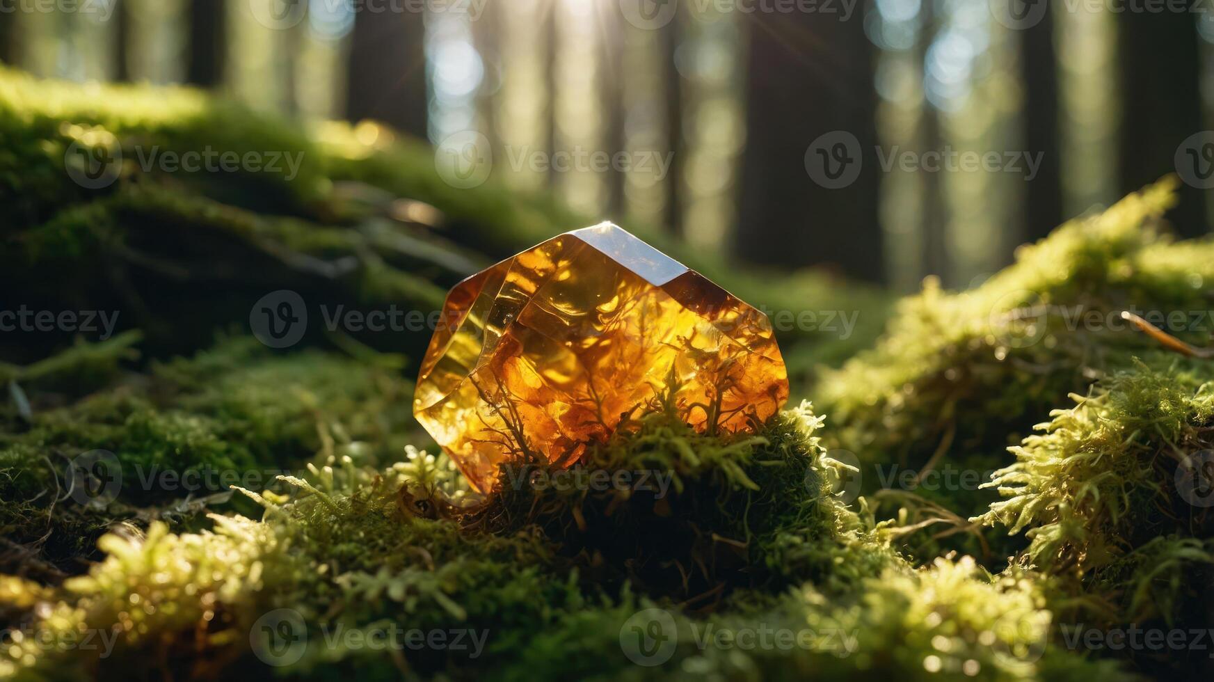 A polished amber gemstone resting on lush green moss in a sunlit forest. photo