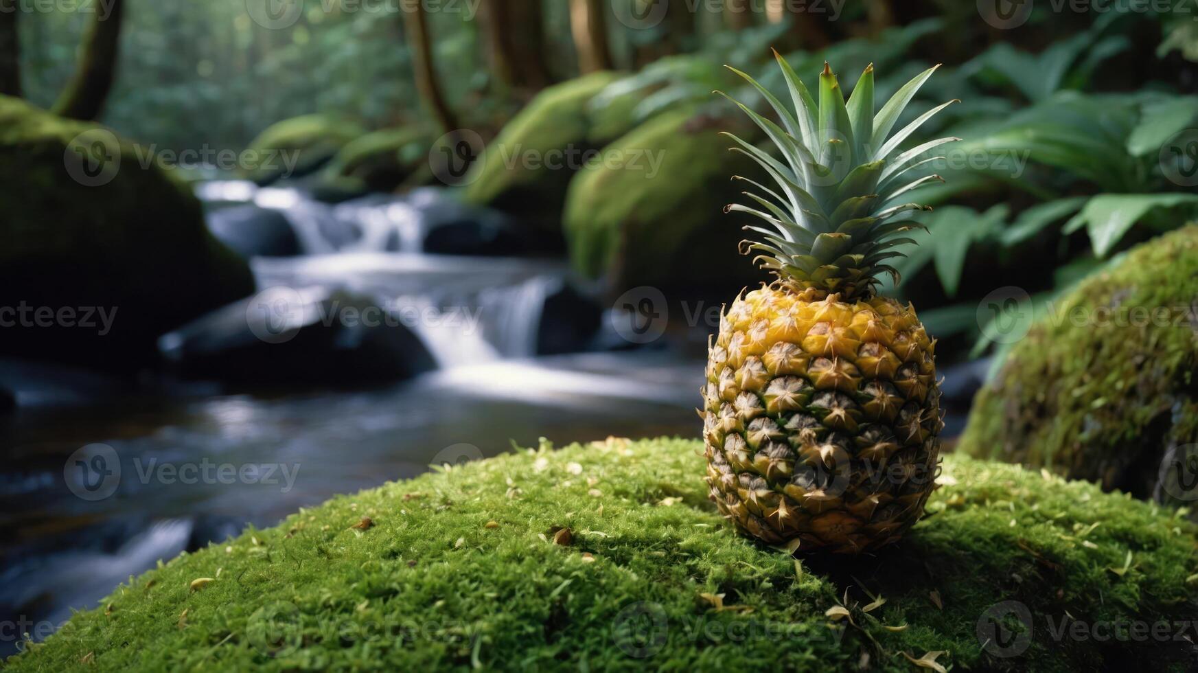 A pineapple sits atop a mossy rock by a serene forest stream. photo