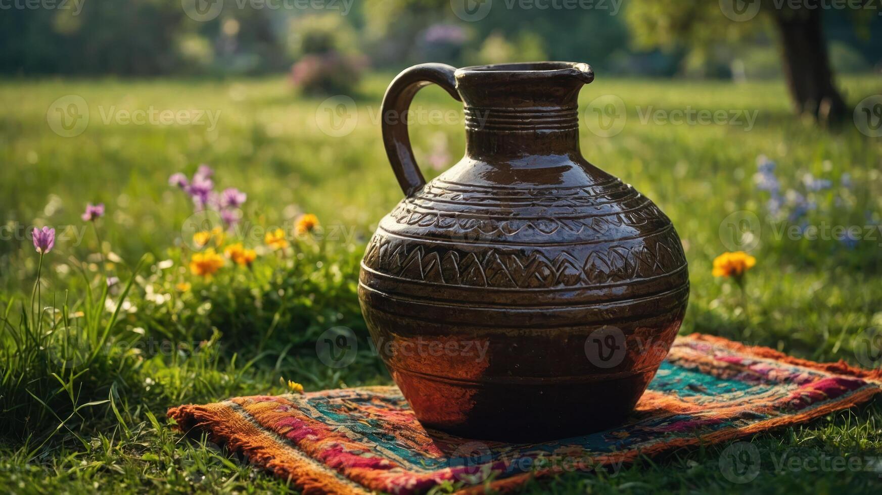 A decorative pottery jug sits on a colorful rug amidst a vibrant grassy field. photo