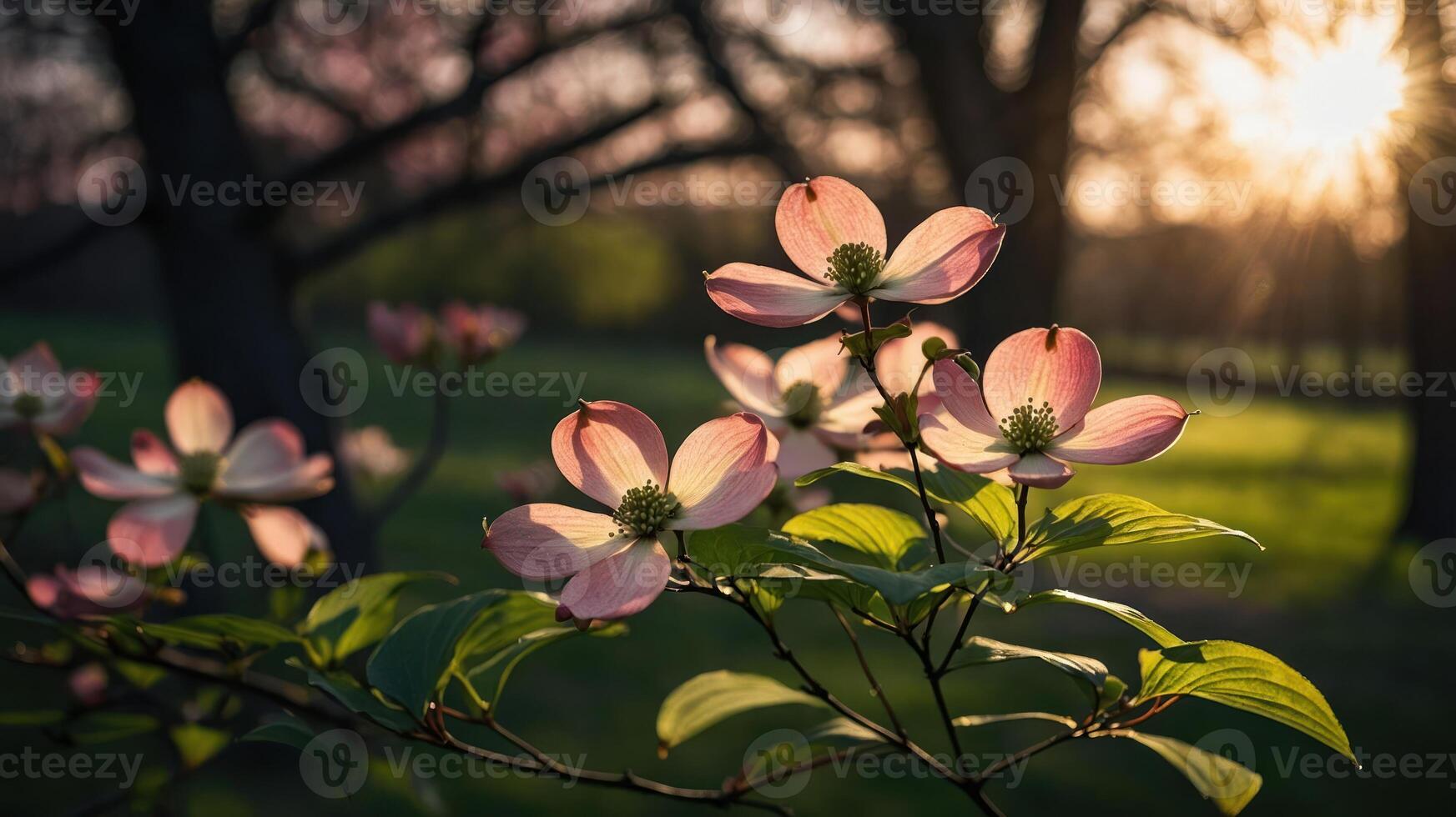 Delicate pink flowers bloom in soft sunlight, highlighting nature's beauty and tranquility. photo
