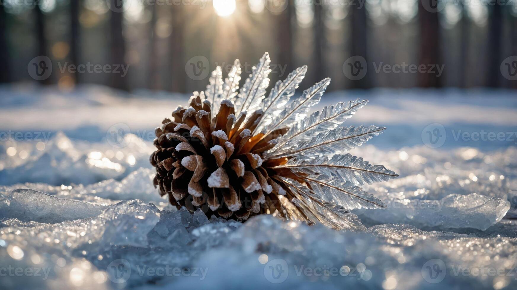 A pine cone covered in ice crystals rests on a snowy surface, illuminated by sunlight. photo