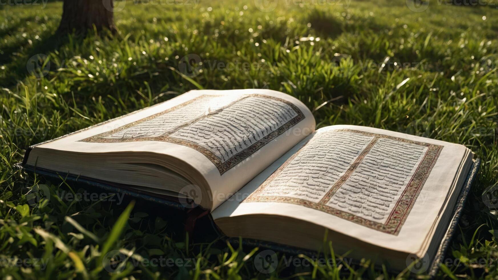 An open book resting on grass, illuminated by sunlight, suggesting a peaceful reading environment. photo