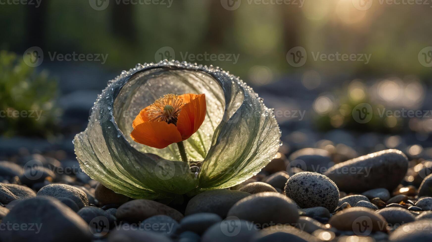 A vibrant orange poppy flower surrounded by dew on a leaf, resting on smooth pebbles. photo
