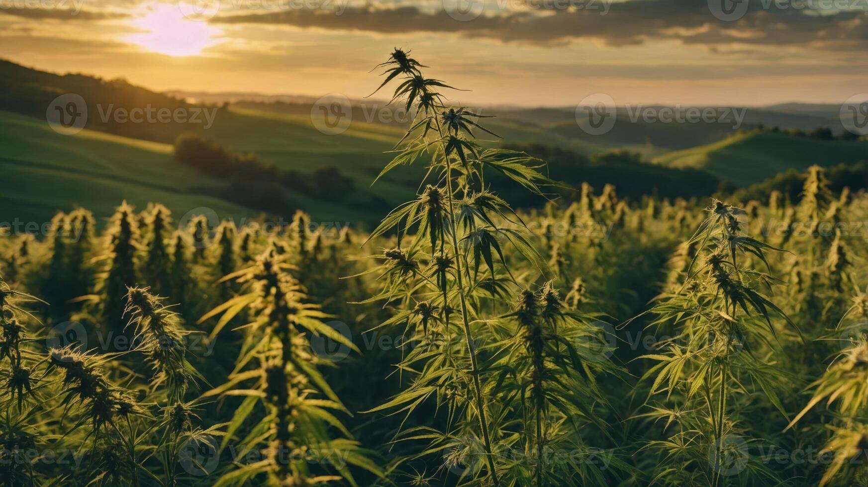 A scenic view of a hemp field at sunset, highlighting nature's beauty and agricultural practices. photo