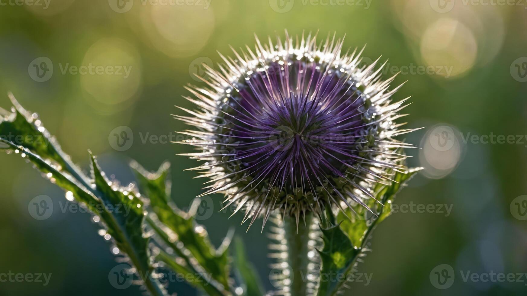 A close-up of a spiky thistle flower, showcasing its vibrant purple center and green leaves. photo