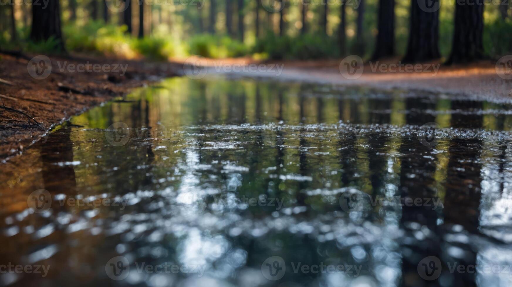 A tranquil forest scene with rain pooling on a path, reflecting trees and nature's serenity. photo