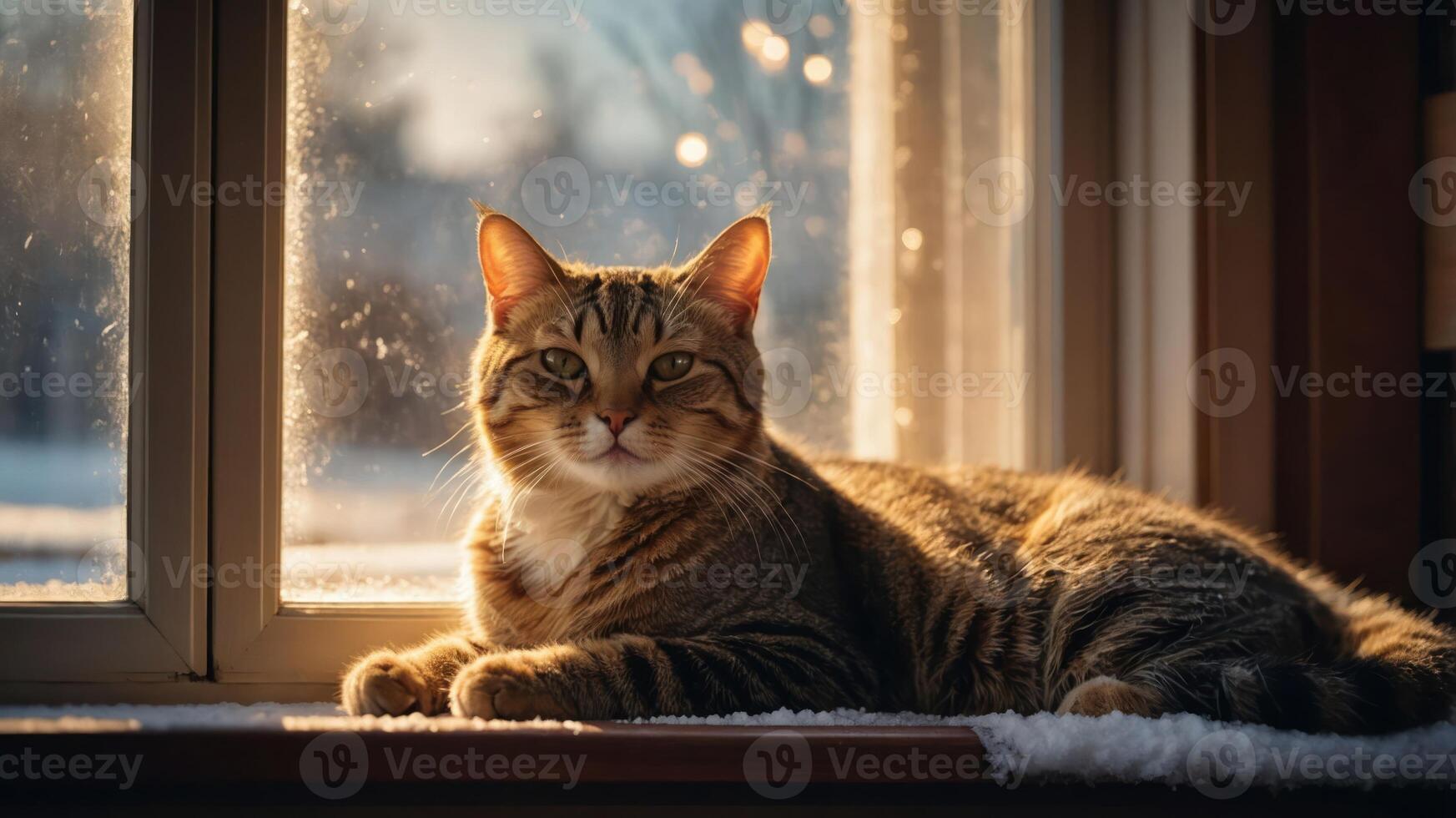 A serene cat lounging by a sunlit window, enjoying the warmth and cozy atmosphere. photo