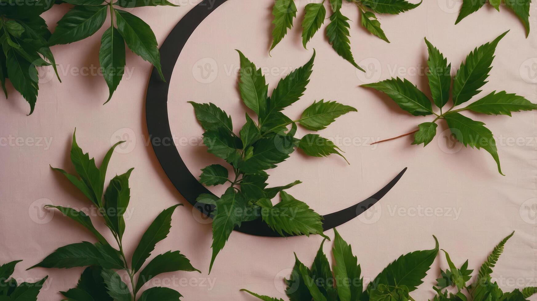 A decorative arrangement of green leaves and a crescent shape on a soft pink background. photo