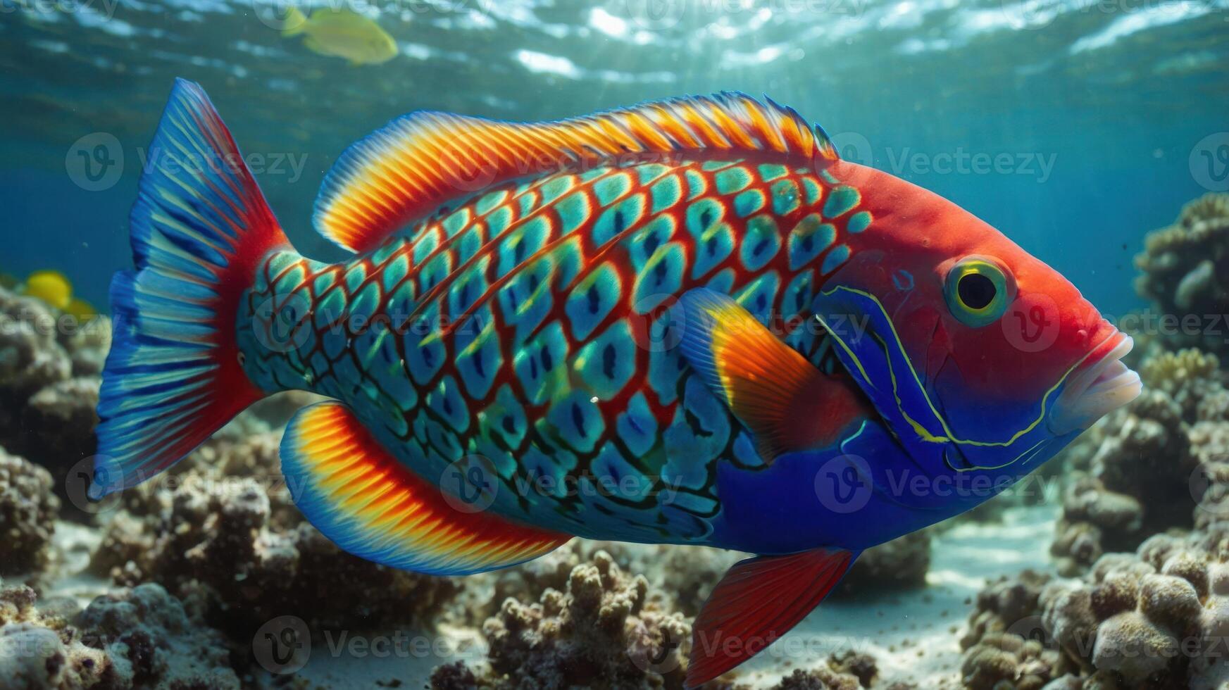 A vibrant fish swimming in a coral reef, showcasing colorful patterns and marine life. photo