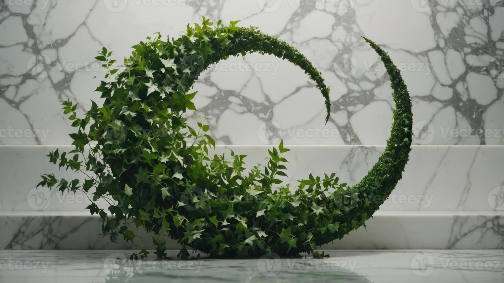 A sculptural arrangement of ivy creating a crescent shape against a marble backdrop. photo