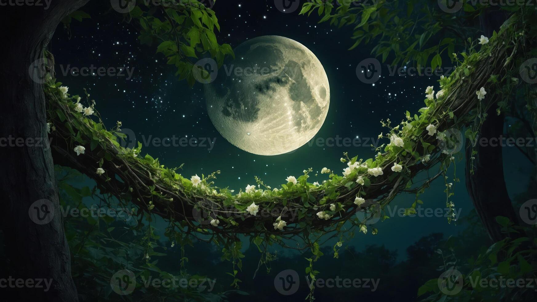 A serene moonlit scene with flowers and vines, creating a mystical atmosphere. photo