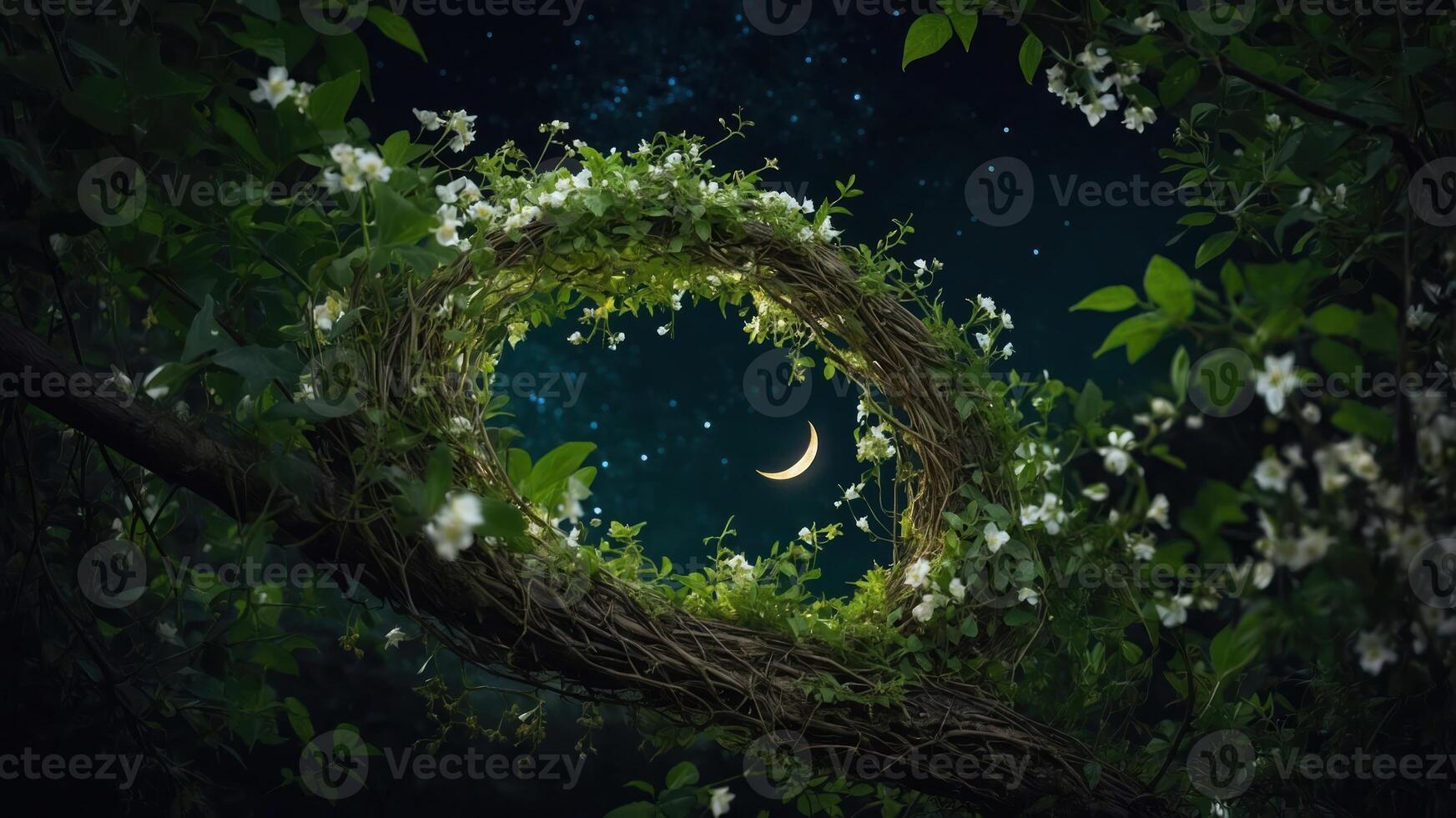 A circular vine frame adorned with flowers, revealing a crescent moon against a starry sky. photo